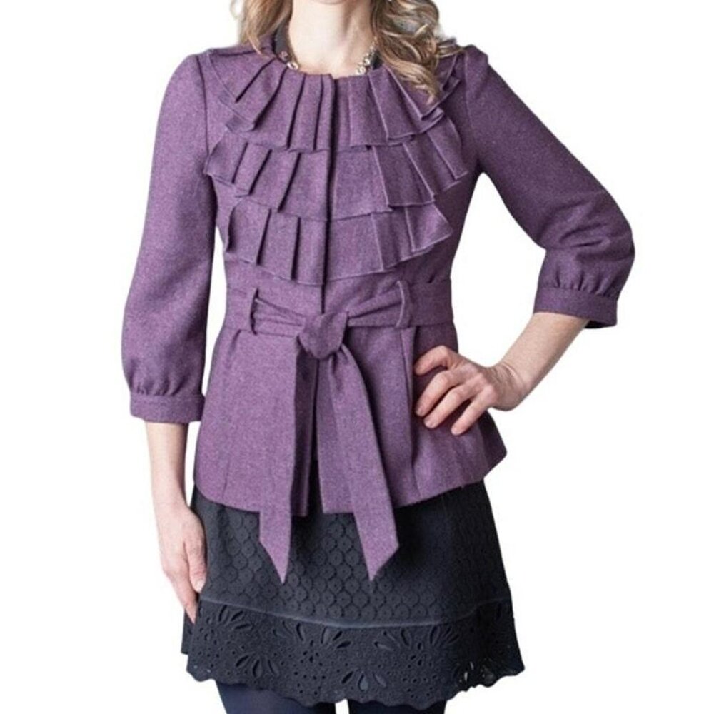 Anthropologie Tabitha Womens Foliage Finder Jacket Belted Poplin Wool Purple